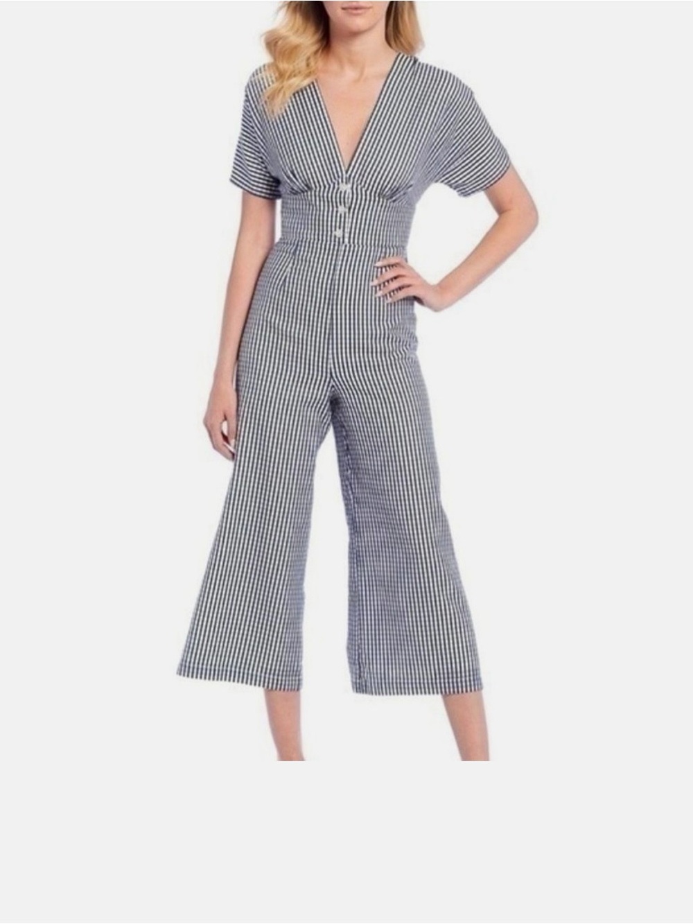 Gianni Bini Black & White Striped V-Neck Wide Leg Jumpsuit